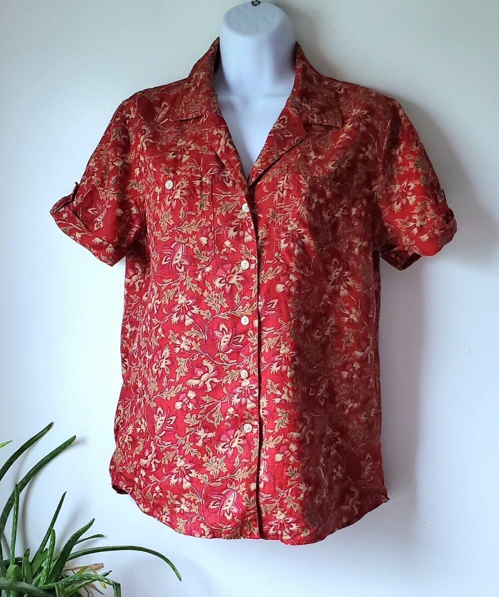 Lauren Ralph Lauren Womens Burgundy Floral Short Sleeve Lonen Oxford Size S Boho
